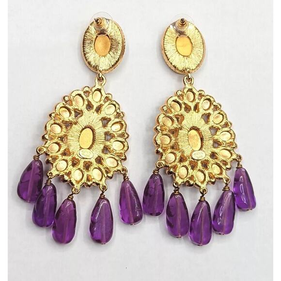 Kenneth Jay Lane KJL Couture Chandelier Statement Runway Purple Gold Earrings - Picture 6 of 9